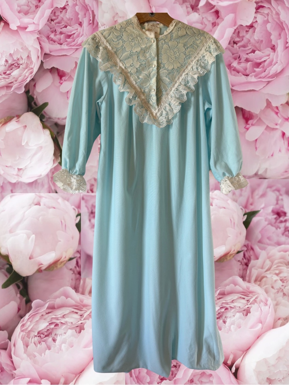 Ilise Stevens Nightgown Vintage 1980s Victorian Lace Pastel Blue Long Sleeve